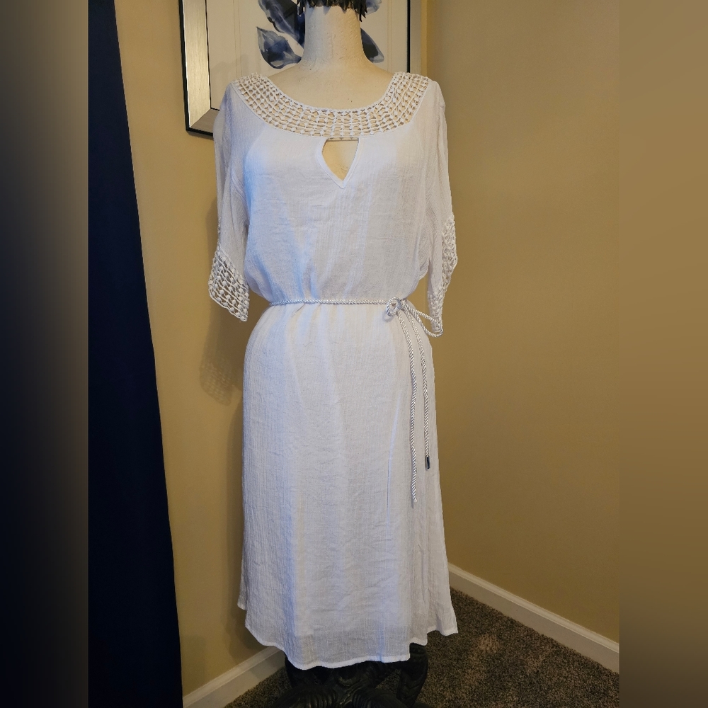 White beach cover-up with tie belt